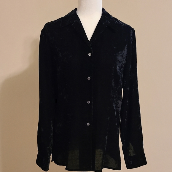 Ann Taylor Loft Textured Black Velour Long Sleeve Button-Down Blouse Size 10 - Picture 9 of 9